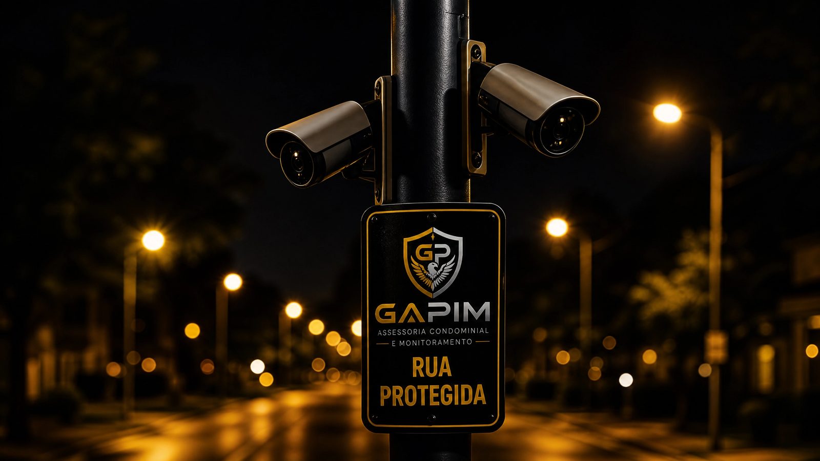 Duas câmeras de segurança GAPIM instaladas em poste com placa Rua Protegida
