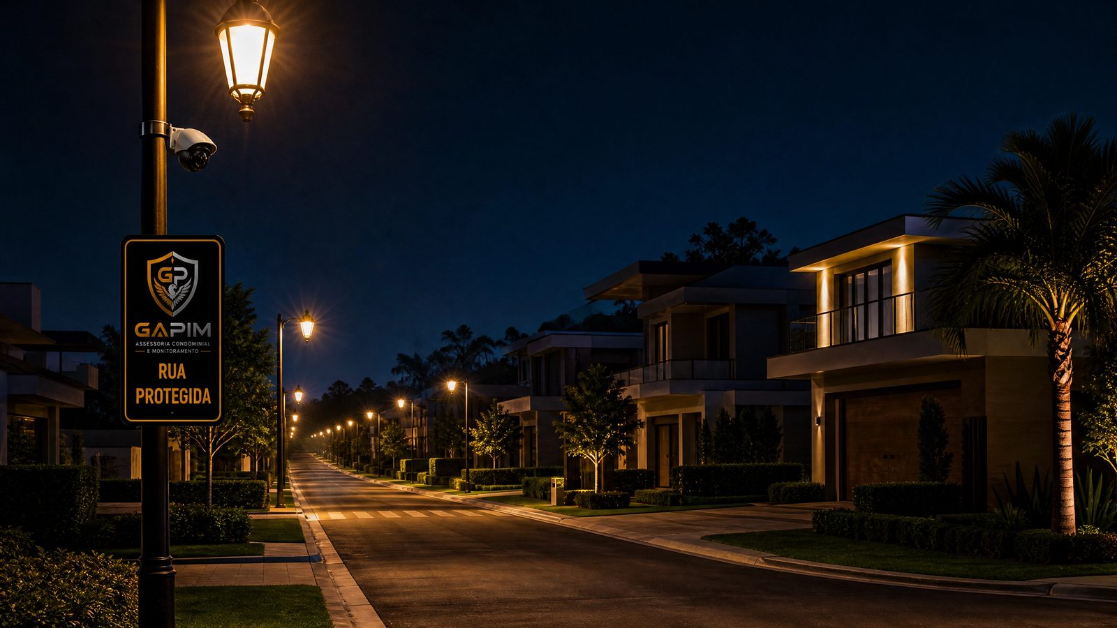 Poste GAPIM com placa Rua Protegida instalado em rua residencial iluminada à noite